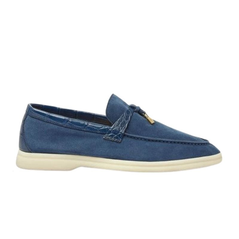 Loro Piana Summer Charms Walk Loafers Suede with Alligator Skin, Navy Lagoon